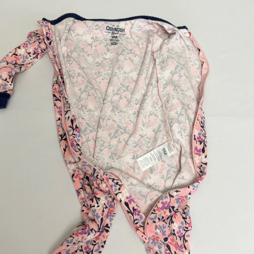 OshKosh Bgosh Baby Girls Pink Floral Full Zip 100% Cotton‎ Sleeper 9 Months